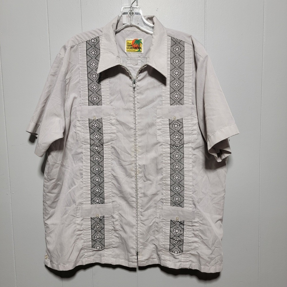 Vintage Haband Guayabera Mens Short Sleeve‎ Zipper Front Shirt Embroidered Gray